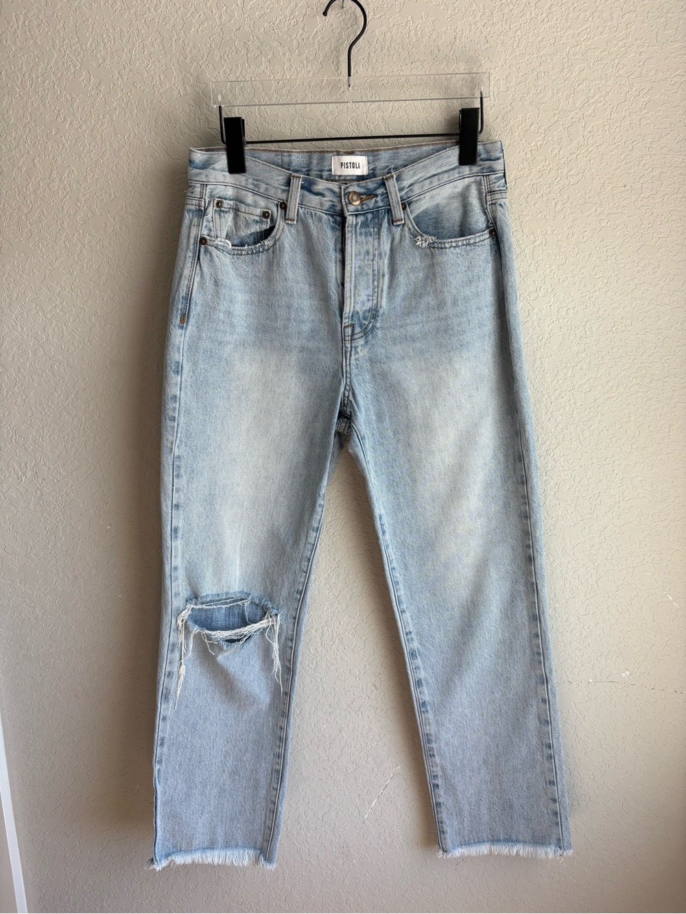 PISTOLA Distressed Straight Leg Cropped Jeans Light Wash Size 28